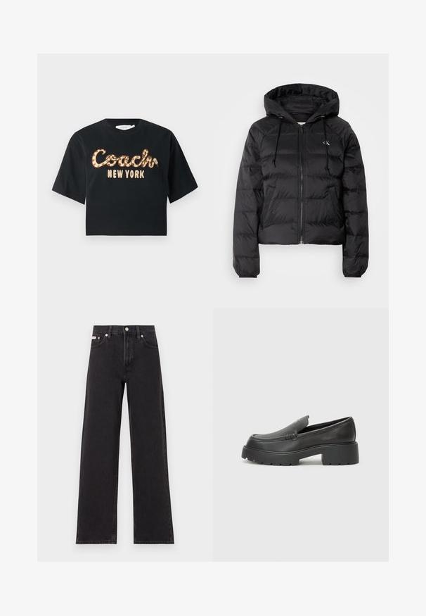 Calvin Klein Jeans LIGHTWEIGHT LOGO PUFFER - Talvejope - black; Must mustaga lühikeste varrukatega särk, millel on ees leopardimustriga kiri "Coach" ja "New York".; Mustad laiad mustad teksad, millel on kõrge vöökoht, viie tasku stiil ja metallist nööpkinnitus kontrastsete õmblustega.; Mustad nahast loafers ümarate varvastega, paksu tekstuuriga tald ja minimaalsete õmbluse detailidega. Viimistletud disain, kus pole nähtavaid paelu ega riistu.