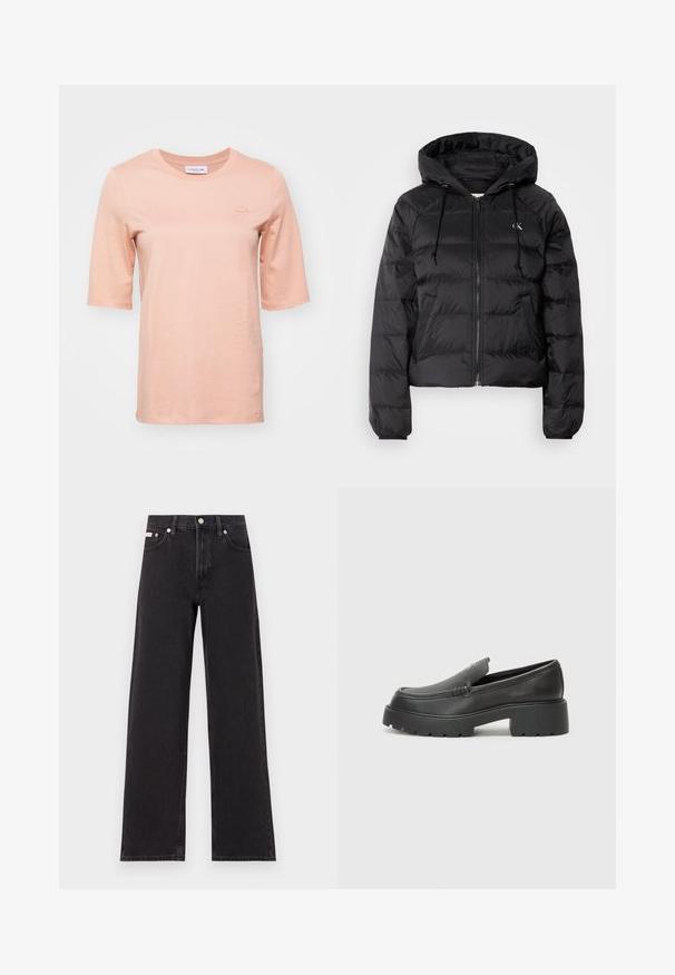 Calvin Klein Jeans LIGHTWEIGHT LOGO PUFFER - Winter jacket - black; Peach-colored short-sleeve t-shirt made of soft cotton, featuring a round neckline and a small embroidered logo on the chest.; Black wide-leg jeans made of denim, featuring a high-rise waist, five-pocket styling, and a metal button closure with contrasting stitching.; Black leather loafers with a rounded toe, thick textured sole, and minimal stitching details. Sleek design with no visible laces or hardware.