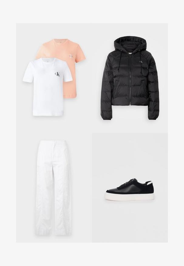 Calvin Klein Jeans LIGHTWEIGHT LOGO PUFFER - Winter jacket - black; Two short-sleeve T-shirts: one white with a black CK logo, one light peach with a smaller CK logo, both made of soft cotton.; White wide-leg trousers made of lightweight fabric, featuring a smooth texture, clean lines, and a high waist design.; Black sneaker with smooth leather and suede panels, flat laces, rounded toe, and a white rubber sole. Distinct logo on the heel.