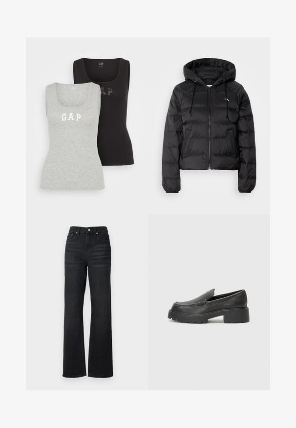 Calvin Klein Jeans LIGHTWEIGHT LOGO PUFFER - Vinterjakke - black; GAP TANK 2 PACK - Topper - black/grey; Sorte denim vide bukser med høj talje, fem-lomme design og sølv metalknap. Stoffer har en glat tekstur og let stræk.; Sorte skinnloafers med rund tå, tykk teksturert såle og minimale sømdetaljer. Strømlinjeformet design uten synlige snørebånd eller hardvarer.