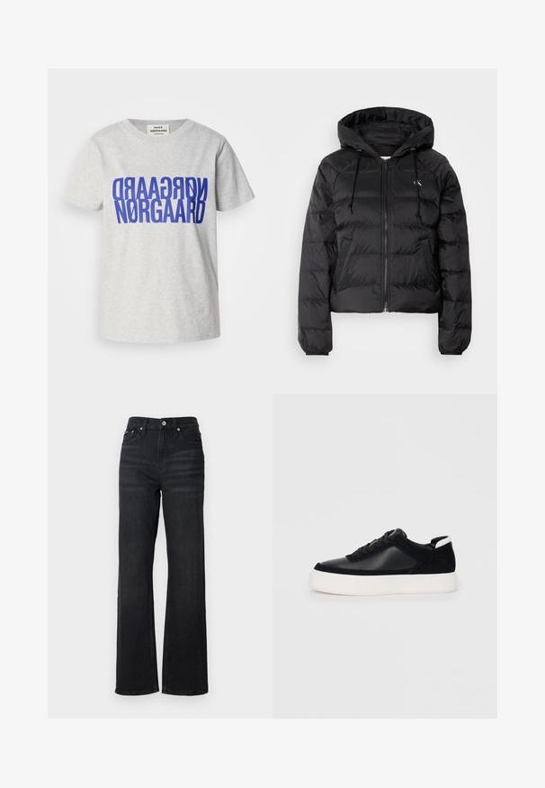 Calvin Klein Jeans LIGHTWEIGHT LOGO PUFFER - Zimní bunda - black; Šedé bavlněné tričko s velkým, tučným modrým textem "NØRGAARD" zobrazeným vertikálně a horizontálně. Kolečkový výstřih, krátké rukávy.; Černé džíny s širokým střihem a vysokým pasem, pět kapsami a stříbrným kovovým knoflíkem. Tkanina má hladkou texturu a mírnou pružnost.; Černé sneakersy s hladkou kůží a semišovými panely, plochými šňůrkami, zaoblenou špičkou a bílou gumovou podrážkou. Výrazné logo na patě.