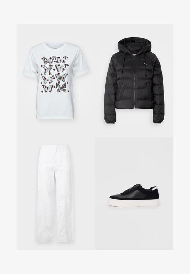 Calvin Klein Jeans LIGHTWEIGHT LOGO PUFFER - Ziemas jaka - black; Balta kokvilnas T-kreklu ar melnu un krāsainu tauriņu rakstu un apļveida akcentiem. Īsas piedurknes un apaļš kakls.; Baltas, plaša kāju bikses, izgatavotas no viegla auduma, ar gludu tekstūru, tīrām līnijām un augstu jostasvietu.; Melnas sporta kurpes ar gludu ādu un zamša paneļiem, plakaniem šņorēm, noapaļotu pirkstu daļu un baltu gumijas zolīti. Izteikts logo uz papēža.