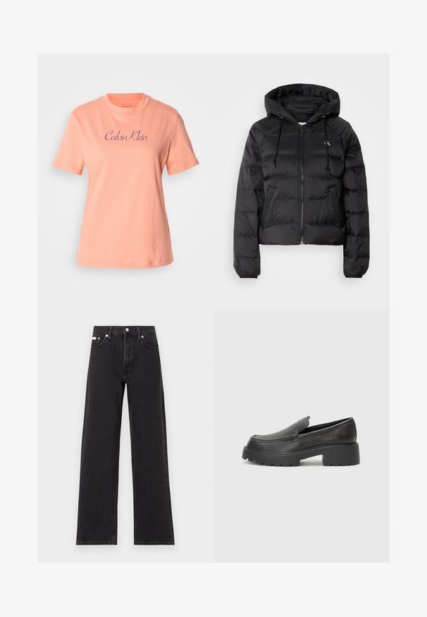 Calvin Klein Jeans LIGHTWEIGHT LOGO PUFFER - Casaco de inverno - black; T-shirt de algodão pêssego com mangas curtas, decote redondo e logótipo bordado "Calvin Klein" em rosa. Textura suave e ajuste casual.; Jeans de perna larga pretos feitos de denim, apresentando uma cintura alta, estilo de cinco bolsos e um fecho em botão de metal com costura contrastante.; Mocassins de couro preto com bico arredondado, sola espessa e texturizada, e detalhes de costura minimalistas. Design elegante sem atacadores ou ferragens visíveis.