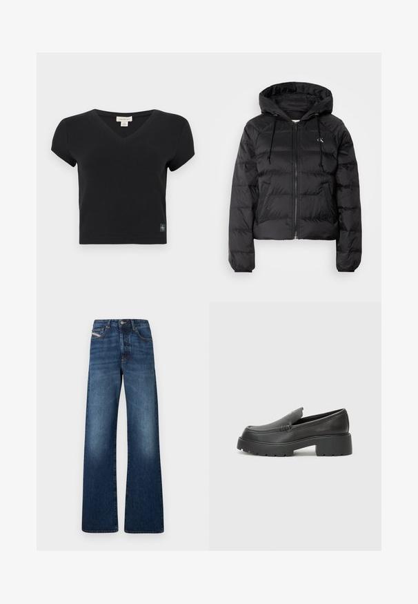 Calvin Klein Jeans LIGHTWEIGHT LOGO PUFFER - Zimska jakna - black; Crna kratka majica s V-izrezom, izrađena od rebraste tkanine. Ima malu oznaku marke na donjoj lijevoj strani. Jednostavan, prilagođen dizajn.; Traperice širokih nogavica u tamnoplavom trapersu, s vysokim strukom, pet džepova i kontrastnim šavovima duž šavova.; Crne kožne loaferice s zaobljenim vrhom, debelim teksturiranim potplatom i minimalnim detaljima šivanja. Elegantna izrada bez vidljivih vezica ili metalnih elemenata.
