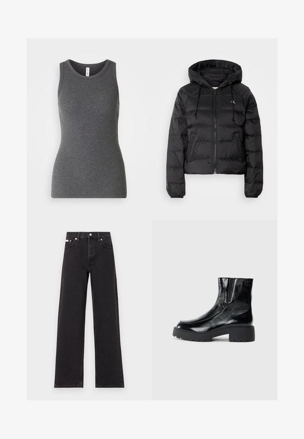 Calvin Klein Jeans LIGHTWEIGHT LOGO PUFFER - Vinterjakker - black; Grå ærmeløs tanktop lavet af ribbet materiale; har en rund halsudskæring og et tætsiddende design. Ingen mønstre eller yderligere detaljer.; Sorte vidde jeans lavet af denim, med høj talje, fem-lomme stil og en metalknap lukning med kontrasterende syninger.; Sorte ankelstøvler med en blank patentlæderfinish, chunky sort gummisål og hævet hæl; inkluderer subtilt logodetalje på siden.