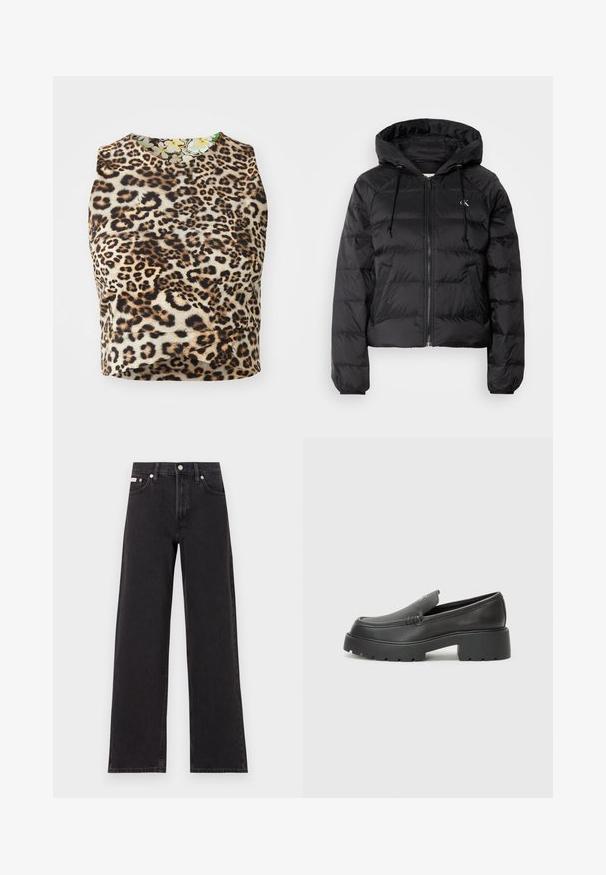 Calvin Klein Jeans LIGHTWEIGHT LOGO PUFFER - Giacca invernale - black; Top senza maniche con stampa leopardata realizzato in tessuto morbido, caratterizzato da un colletto rotondo e una fodera interna a motivo floreale.; Jeans neri a gamba larga in denim, con vita alta, styling a cinque tasche e chiusura con bottone metallico e cuciture a contrasto.; Mocassini in pelle nera con punta arrotondata, suola spessa e testurizzata, e minime cuciture. Design elegante senza lacci o parti metalliche visibili.