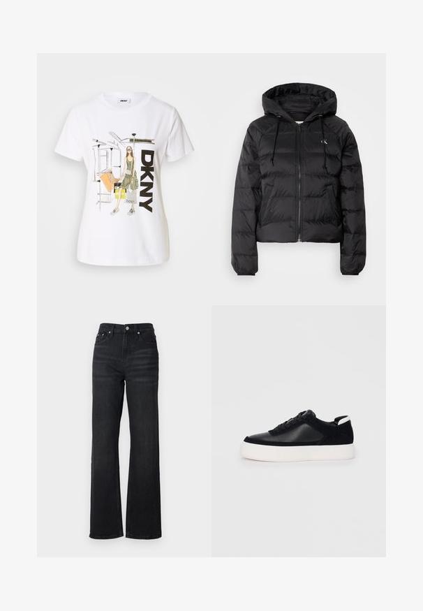 Calvin Klein Jeans LIGHTWEIGHT LOGO PUFFER - Vinterjakke - black; Hvit bomull t-skjorte med grafisk illustrasjon av en kvinne, "DKNY"-tekst og elementer fra New Yorks t-bane. Ledig passform, korte ermer.; Sorte denim vide bukser med høj talje, fem-lomme design og sølv metalknap. Stoffer har en glat tekstur og let stræk.; Svart sneakers med glatt skinn og semsket skinnpaneler, flate snørebånd, rund tå og hvit gummisåle. Distinkt logo på hælen.