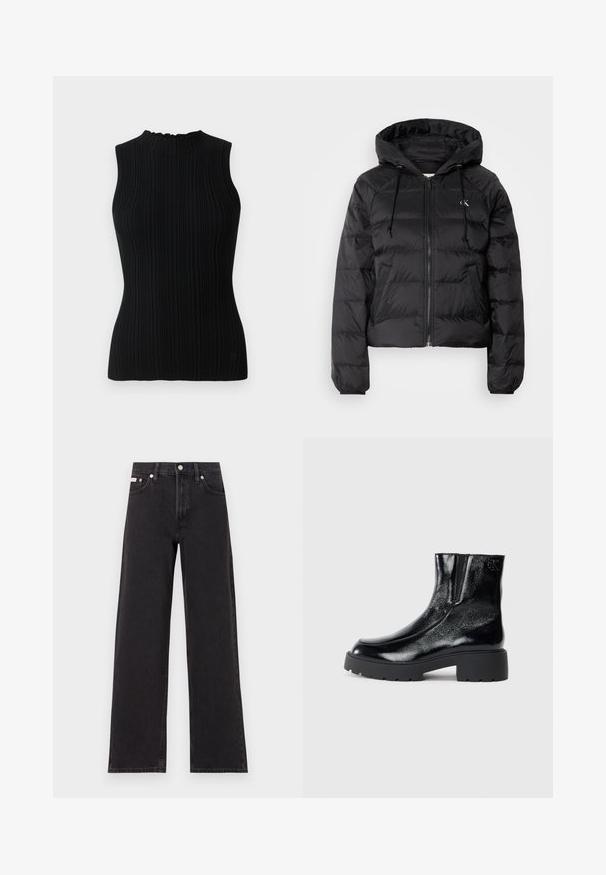 Calvin Klein Jeans LIGHTWEIGHT LOGO PUFFER - Winter jacket - black; Black sleeveless knit top with a ribbed texture and high neck. Features a fitted silhouette and minimalistic design.; Black wide-leg jeans made of denim, featuring a high-rise waist, five-pocket styling, and a metal button closure with contrasting stitching.; Black ankle boots with a glossy patent leather finish, chunky black rubber sole, and raised heel; includes subtle logo detail on the side.
