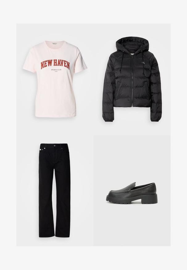 Calvin Klein Jeans LIGHTWEIGHT LOGO PUFFER - Winterjas - black; Lichtroze katoenen t-shirt met "NEW HAVEN" in vette rode letters, met "SPORTS CLUB" eronder. Korte mouwen en een ronde hals.; Zwarte denim rechte broek met vijf zakken, zilveren klinknagels en een knoopsluiting. De stof heeft een gladde, licht gestructureerde afwerking.; Zwarte leren instappers met een ronde neus, dikke getextureerde zool en minimale stikseldetails. Strak ontwerp zonder zichtbare veters of hardware.