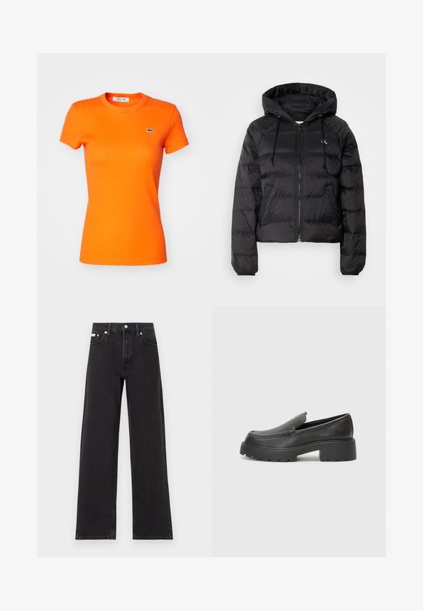 Calvin Klein Jeans LIGHTWEIGHT LOGO PUFFER - Casaco de inverno - black; Lacoste T-shirt básica - buoy; Jeans de perna larga pretos feitos de denim, apresentando uma cintura alta, estilo de cinco bolsos e um fecho em botão de metal com costura contrastante.; Mocassins de couro preto com bico arredondado, sola espessa e texturizada, e detalhes de costura minimalistas. Design elegante sem atacadores ou ferragens visíveis.