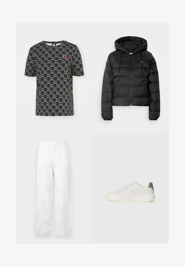 Calvin Klein Jeans LIGHTWEIGHT LOGO PUFFER - Zimska jakna - black; Črna majica s kratkimi rokavi, ki vsebuje ponavljajoč sivi vzorec "DK NY" in majhen rdeč logotip na levi strani prsnega predela. Oblika s krožnim ovratnikom.; Bela široka hlače iz lahkega materiala, ki se ponašajo z gladko teksturo, čistimi linijami in visokim pasom.; Belej športni čevelj iz usnja z gladko teksturo, ki ima srebrno akcentacijo na peti, ravno podplato in minimalističen dizajn.