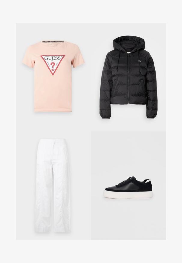 Calvin Klein Jeans LIGHTWEIGHT LOGO PUFFER - Talvejope - black; Roosa puuvillane T-särk ümarate kaelustega, millel on suur punane kolmnurkne logo valge tekstiga ja keskmes küsimärgi kujund.; Valged laiad püksid, mis on valmistatud kergetest materjalidest, omades siledat tekstuuri, puhtaid jooni ja kõrget vöökohta.; Mustad mustad spordijalanõud siledast nahast ja sametist paneelidega, lame nööriga, ümar varvas ja valge kummist tallaga. Erakordne logo kontsas.