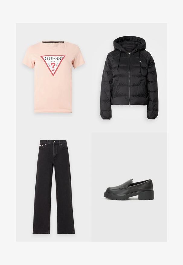 Calvin Klein Jeans LIGHTWEIGHT LOGO PUFFER - Zimska jakna - black; Roza pamučna majica s okruglim izrezom, koja sadrži veliki crveni trokutasti logotip s bijelim tekstom i dizajnom upitnika u središtu.; Crne široke traperice od denima, s visokim strukom, pet džepova i metalnim zatvaranjem s kontrastnim šavovima.; Crne kožne loaferice s zaobljenim vrhom, debelim teksturiranim potplatom i minimalnim detaljima šivanja. Elegantna izrada bez vidljivih vezica ili metalnih elemenata.
