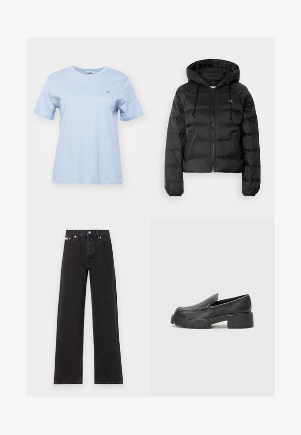 Calvin Klein Jeans LIGHTWEIGHT LOGO PUFFER - Winter jacket - black; GANT SHIELD - Basic T-shirt - dove blue; Black wide-leg jeans made of denim, featuring a high-rise waist, five-pocket styling, and a metal button closure with contrasting stitching.; Black leather loafers with a rounded toe, thick textured sole, and minimal stitching details. Sleek design with no visible laces or hardware.