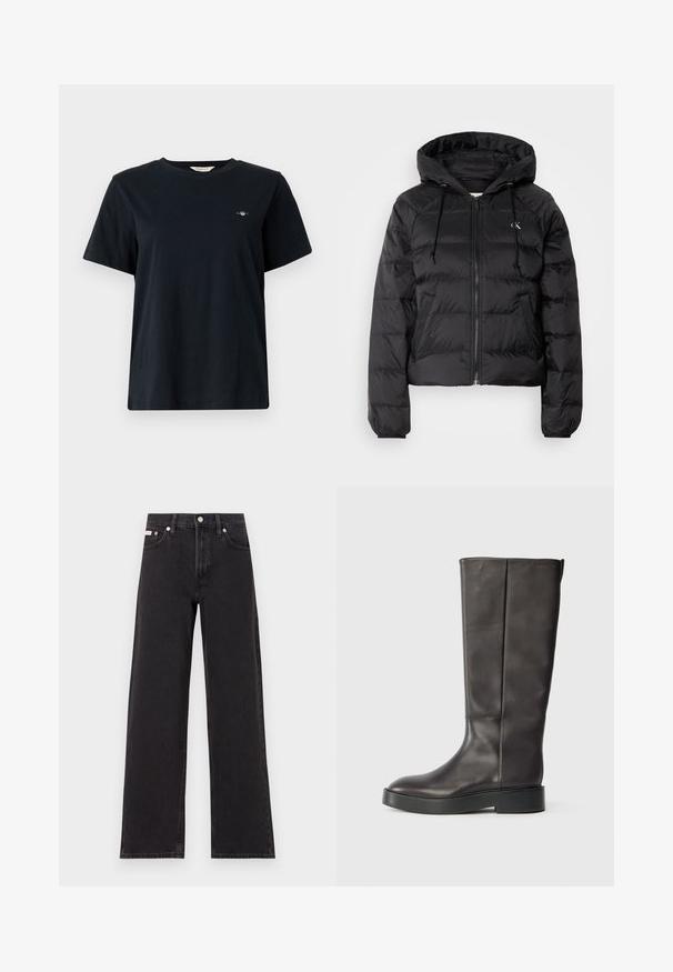 Calvin Klein Jeans LIGHTWEIGHT LOGO PUFFER - Giacca invernale - black; T-shirt in cotone nero con maniche corte, scollatura rotonda e piccolo logo ricamato sul lato sinistro del petto. Vestibilità classica e rilassata.; Jeans neri a gamba larga in denim, con vita alta, styling a cinque tasche e chiusura con bottone metallico e cuciture a contrasto.; Stivale in pelle nera alto fino al ginocchio, con suola spessa e discreto logo Calvin Klein vicino al bordo superiore, mostrato di lato.