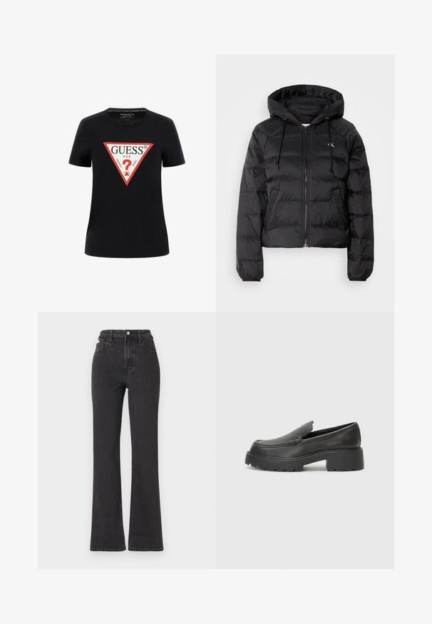 Calvin Klein Jeans LIGHTWEIGHT LOGO PUFFER - Winter jacket - black; Black cotton t-shirt with short sleeves, featuring a red triangular graphic logo with "GUESS® U.S.A." and a question mark design.; Black high-waisted flared jeans made of denim, featuring a button closure, belt loops, and side pockets. Smooth texture with minimal fading.; Black leather loafers with a rounded toe, thick textured sole, and minimal stitching details. Sleek design with no visible laces or hardware.