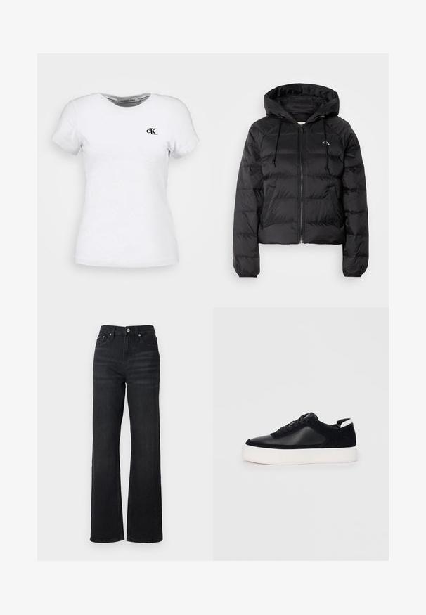 Calvin Klein Jeans LIGHTWEIGHT LOGO PUFFER - Vinterjakke - black; Hvit bomull T-skjorte med korte ermer, rund hals og en liten svart "ck" logo på venstre bryst. Glatt tekstur, klassisk passform.; Sorte denim vide bukser med høj talje, fem-lomme design og sølv metalknap. Stoffer har en glat tekstur og let stræk.; Svart sneakers med glatt skinn og semsket skinnpaneler, flate snørebånd, rund tå og hvit gummisåle. Distinkt logo på hælen.