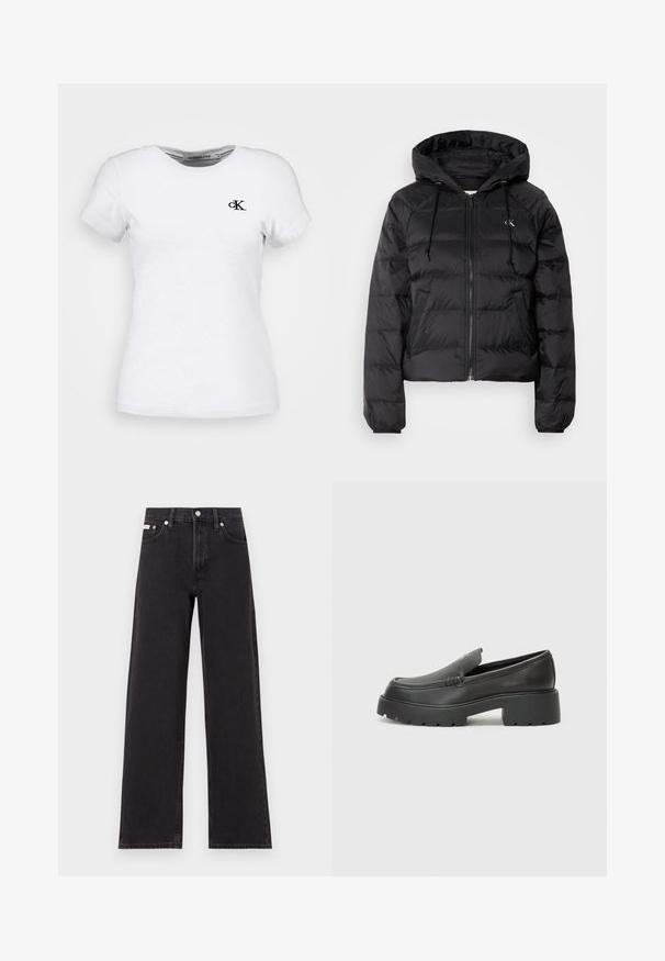 Calvin Klein Jeans LIGHTWEIGHT LOGO PUFFER - Téli dzseki - black; Fehér pamut póló rövid ujjakkal, kerek nyakkivágással, és egy kis fekete "ck" logóval a bal mellrészen. Simára szőtt textúra, klasszikus fazon.; Fekete, bőszárú farmernadrág, magas derekú, öt zsebes kialakítással és fém gombos záródással, kontrasztos varrással.; Fekete bőr loafer cipők kerek orral, vastag, texturált talppal és minimális varrási részletekkel. Áramvonalas dizájn, látható fűzők vagy fém részek nélkül.