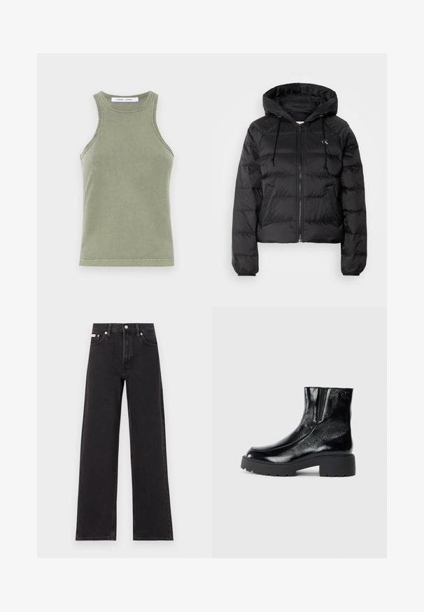 Calvin Klein Jeans LIGHTWEIGHT LOGO PUFFER - Giacca invernale - black; Top verde oliva realizzato in cotone morbido, con scollatura rotonda, design senza maniche e bordi cuciti. Forma semplice e aderente.; Jeans neri a gamba larga in denim, con vita alta, styling a cinque tasche e chiusura con bottone metallico e cuciture a contrasto.; Stivali neri alla caviglia con una finitura in pelle laccata lucida, suola in gomma nera spessa e tacco rialzato; include un discreto dettaglio del logo sul lato.