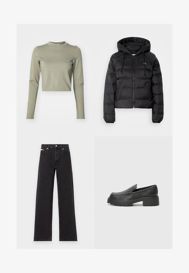 Calvin Klein Jeans LIGHTWEIGHT LOGO PUFFER - Žieminė striukė - black; Trumpas ilgomis rankovėmis marškinėliai šviesiai alyvuogių spalvos, pagaminti iš lygios tamprios medžiagos, su aukštu kaklu ir Calvin Klein logotipu ant apykaklės.; Juodos plačios kojų džinsai, pagaminti iš džinsinio audinio, su aukštu liemeniu, penkių kišenių stiliumi ir metaline sagte su kontrastingo siuvimo detalėmis.; Juodi odiniai loaferiai su apvaliu pirštu, storu tekstūruotu padu ir minimaliu siūlių dekoru. Išskirtinis dizainas be matomų raištelių ar furnitūros.