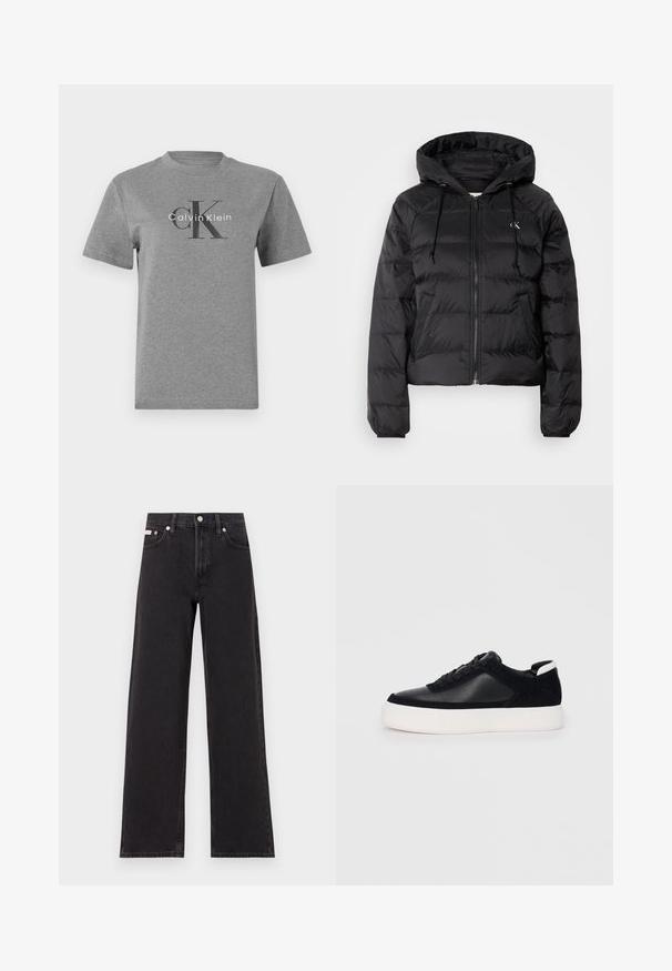 Calvin Klein Jeans LIGHTWEIGHT LOGO PUFFER - Chaqueta de invierno - black; Camiseta de algodón gris con cuello redondo, mangas cortas, que presenta un logo negro "CK" y el texto "Calvin Klein" en blanco.; Jeans anchos de mezclilla negros, con cintura alta, cinco bolsillos y cierre de botón metálico con costuras contrastantes.; Zapatilla negra con paneles de cuero liso y de ante, cordones planos, punta redondeada y una suela de goma blanca. Logotipo distintivo en el talón.