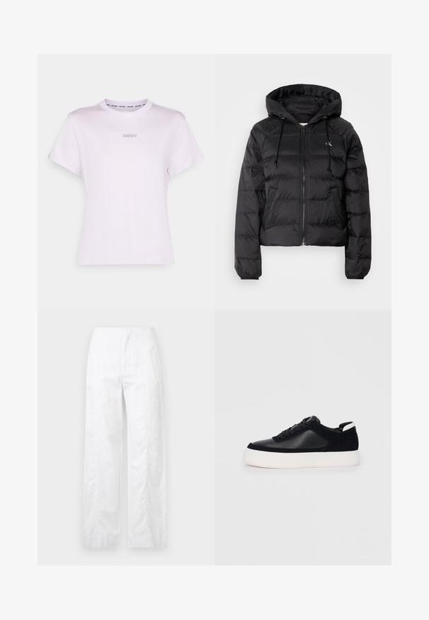 Calvin Klein Jeans LIGHTWEIGHT LOGO PUFFER - Ziemas jaka - black; Gaiši violeta īsās piedurknes T-kreklu, kas izgatavots no kokvilnas, ar apaļu kakla izgriezumu un mazu sudraba logotipu uz krūtīm. Gluda tekstūra, brīvs siluets.; Baltas, plaša kāju bikses, izgatavotas no viegla auduma, ar gludu tekstūru, tīrām līnijām un augstu jostasvietu.; Melnas sporta kurpes ar gludu ādu un zamša paneļiem, plakaniem šņorēm, noapaļotu pirkstu daļu un baltu gumijas zolīti. Izteikts logo uz papēža.