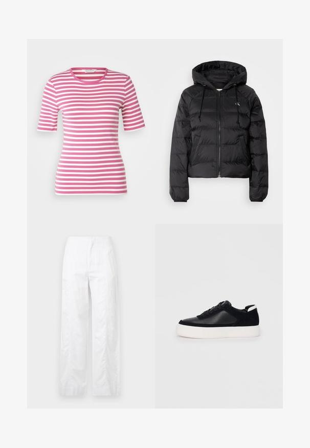 Calvin Klein Jeans LIGHTWEIGHT LOGO PUFFER - Winter jacket - black; GANT SLIM STRIPED - Print T-shirt - dark lavender; White wide-leg trousers made of lightweight fabric, featuring a smooth texture, clean lines, and a high waist design.; Black sneaker with smooth leather and suede panels, flat laces, rounded toe, and a white rubber sole. Distinct logo on the heel.