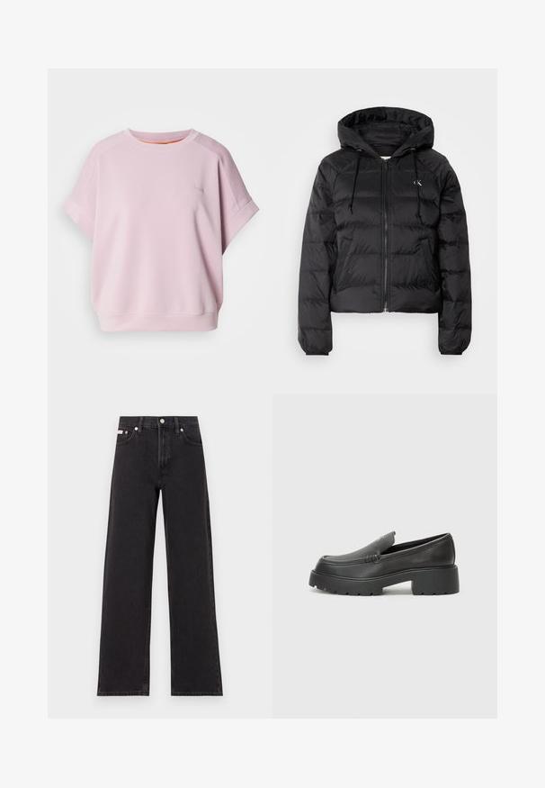 Calvin Klein Jeans LIGHTWEIGHT LOGO PUFFER - Ziemas jaka - black; Rozā džemperis, izgatavots no mīksta materiāla, ar brīvu piegriezumu, īsām piedurknēm un mazu izšuvu logotipu priekšpusē.; Melni platmalu džinsi, kas izgatavoti no denima, ar augstu vidukli, piecu kabatu dizainu un metāla pogas aizdari ar kontrastējošu šuvumu.; Melnas ādas mokasīni ar noapaļotu purngalu, biezs teksturēts zoles un minimālas dūriena detaļas. Gluds dizains bez redzamām auklām vai metāla elementiem.