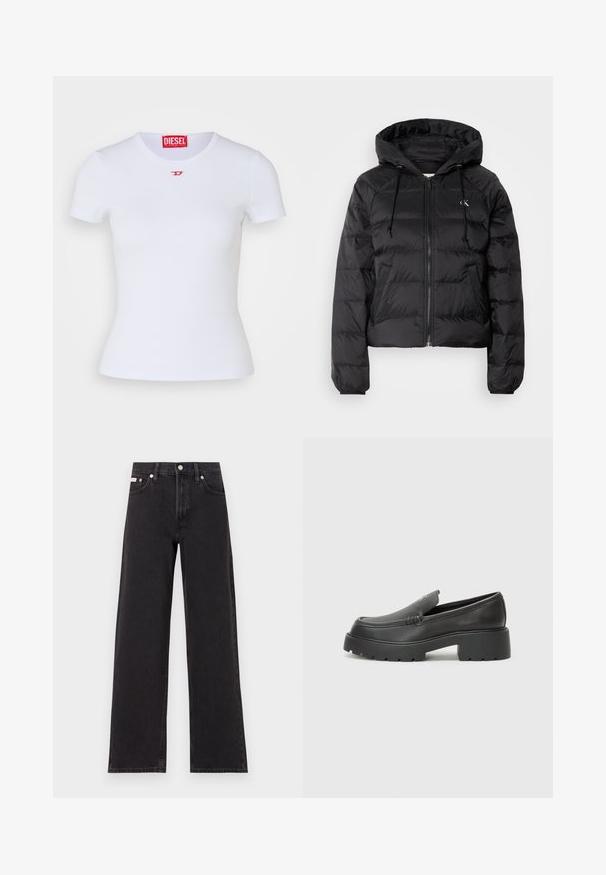 Calvin Klein Jeans LIGHTWEIGHT LOGO PUFFER - Talvejope - black; Valge lühikeste varrukatega sobiv T-särk. Ribadega tekstuur, ümar kaelus. Rinnal väike punane "D" logo. Valmistatud elastsest kangast.; Mustad laiad mustad teksad, millel on kõrge vöökoht, viie tasku stiil ja metallist nööpkinnitus kontrastsete õmblustega.; Mustad nahast loafers ümarate varvastega, paksu tekstuuriga tald ja minimaalsete õmbluse detailidega. Viimistletud disain, kus pole nähtavaid paelu ega riistu.