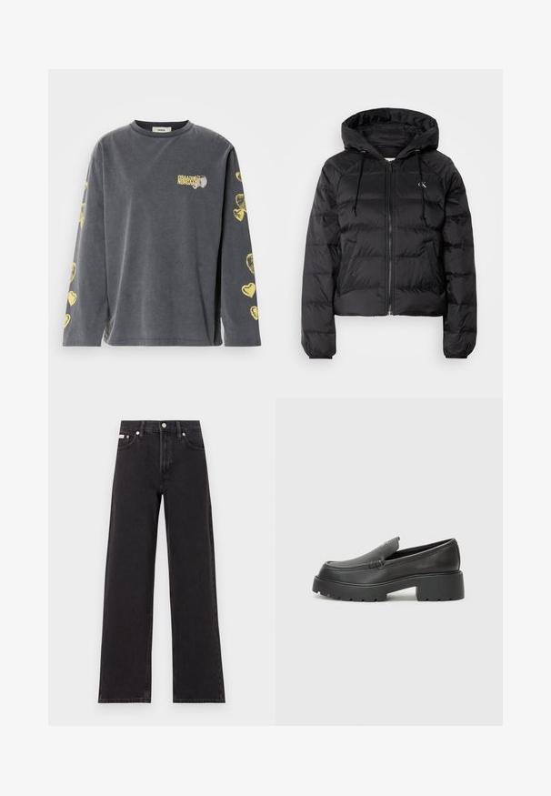 Calvin Klein Jeans LIGHTWEIGHT LOGO PUFFER - Zimska jakna - black; Siva dolgi rokav s krožnim ovratnikom, ki ima rumene srčne vzorce ob rokavih in majhen natisnjen logotip spredaj.; Črne široke jeans hlače iz denima, s poudarjenim pasom, petimi žepi in kovinskim gumbom za zapiranje ter kontrastnim šivanjem.; Črne usnjene loafers čevlje z zaobljenim nosom, debelim teksturiranim podplatom in minimalnimi šivi. Elegantna zasnova brez vidnih vezalk ali kovinskih delov.