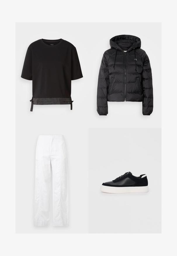 Calvin Klein Jeans LIGHTWEIGHT LOGO PUFFER - Casaco de inverno - black; Camiseta preta de manga curta, feita de tecido macio, com um detalhe acetinado na bainha e cordões ajustáveis para um melhor ajuste.; Calças brancas de perna larga feitas de um tecido leve, com uma textura suave, linhas limpas e um design de cintura alta.; Sapatilha preta com painéis de pele lisa e camurça, atacadores planos, bico arredondado e sola de borracha branca. Logótipo distinto no calcanhar.