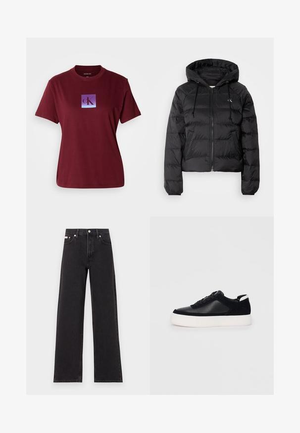 Calvin Klein Jeans LIGHTWEIGHT LOGO PUFFER - Winter jacket - black; Maroon cotton T-shirt featuring a square logo with a gradient purple to blue background and the letter "cK" in dark purple.; Black wide-leg jeans made of denim, featuring a high-rise waist, five-pocket styling, and a metal button closure with contrasting stitching.; Black sneaker with smooth leather and suede panels, flat laces, rounded toe, and a white rubber sole. Distinct logo on the heel.