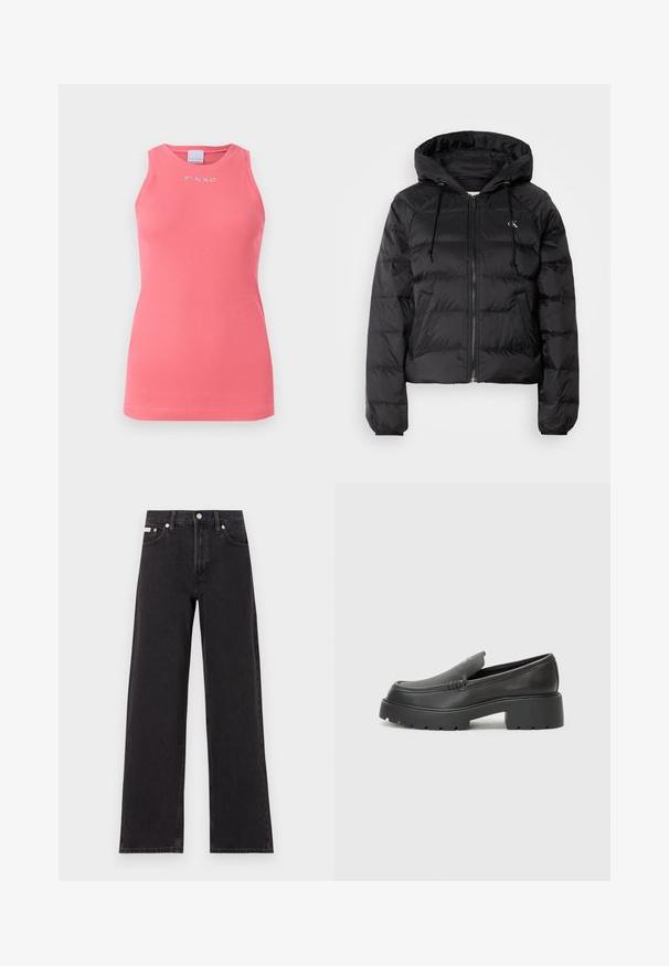 Calvin Klein Jeans LIGHTWEIGHT LOGO PUFFER - Casaco de inverno - black; Camisola sem mangas rosa em malha canelada com um decote redondo, apresentando um pequeno logótipo branco "PINKO" centrado no peito.; Jeans de perna larga pretos feitos de denim, apresentando uma cintura alta, estilo de cinco bolsos e um fecho em botão de metal com costura contrastante.; Mocassins de couro preto com bico arredondado, sola espessa e texturizada, e detalhes de costura minimalistas. Design elegante sem atacadores ou ferragens visíveis.