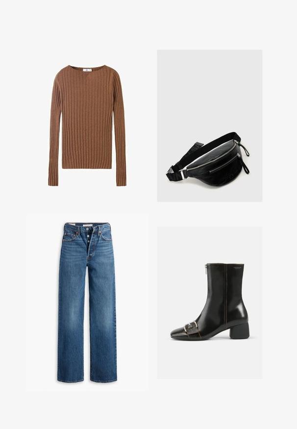 Beige fleecejacka med huva, med dragkedja i fronten, texturerad tyg och två sidofickor. Mjukt, varmt material och avslappnad passform.; Brun räfflad långärmad tröja med rund halsringning, som visar en texturerad tyg som betonar vertikala linjer. Enkel och figurnära design.; Blå denimjeans med bred bendesign, fem fickor, knappgylf och kontrasterande sömmar. Texturerad tyg med en blekt finish.; Svart läder ankelsko med rund tå, sidodragkedja och silverfärgad spänne. Har en kraftig klack och kontrasterande sömmar.; Svart lädermidjeväska med två fack med dragkedja, texturerad yta, justerbar rem och silverfärgade detaljer.