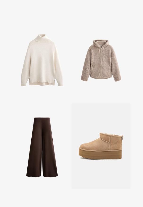 Beige színű polárdzseki kapucnival, cipzáros előlappal, texturált anyaggal és két oldalsó zsebbel. Puha, meleg anyag és laza fazon.; Tejás nyakú krémszínű pulóver, bordázott gallér és mandzsetták, puha kötött textúra, laza fazon, oldalsó hasítékok és enyhén hosszabb hátsó hem.; Barna, bőszárú nadrág, puha anyagból, magas derékkal, finom textúrával, folyékony sziluettel, látható zárak vagy díszítés nélkül.; Beige velúr boka csizmák puha belsővel, platform talppal és hátul elhelyezett húzófüllel az egyszerű felhúzás érdekében. Texturált gumitalp.