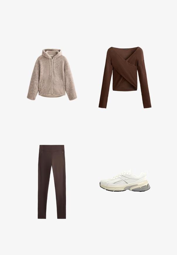 Bež flis jakna s kapuljačom, koja ima zatvarač sprijeda, teksturirani materijal i dva bočna džepa. Mekan, topao materijal i opušteni kroj.; Smeđi rebrasti top dugih rukava s preklopljenim V-izrezom, teksturiranom tkaninom i prilagođenom siluetom. Ima duge rukave i kraći kroj.; Smeđe fitness tajice s glatkom teksturom, visokim strukom i dva bočna patentna zatvarača za džepove, s krojem koji se usko prilagođava tijelu.; Bijele atletske cipele s mrežastim materijalom, teksturiranom površinom i gumenim potplatom sivoj akcentima. Dizajn sa vezivanjem. Moderna silueta.