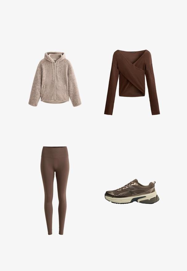 Beige fleecejacka med huva, med dragkedja i fronten, texturerad tyg och två sidofickor. Mjukt, varmt material och avslappnad passform.; Brun ribbade långärmade topp med en överlappande V-halsdesign, texturerat tyg och en åtsittande silhuett. Har långa ärmar och en kort längd.; Bruna leggings gjorda av ett mjukt, töjbart material, med ett högt, ribbat midjeband och en figursydd design längs benen.; Brun atletisk sko med nätövre, metalliska accenter, tjock vit mellansula och texturerad svart sula. Har snörning och en dragflik.