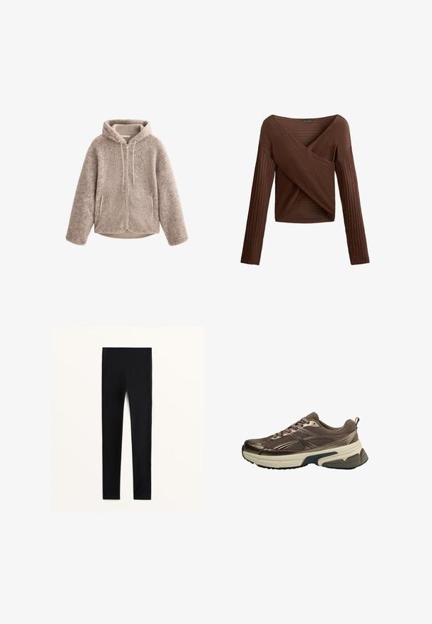 Bež flašasta jakna s kapuco, ki ima zadrgo na sprednji strani, teksturirano tkanino in dva stranska žepa. Mehka, topla tkanina in sproščen kroj.; Rjav rebrast dolg rokav zgornji del s križnim V-izrezom, teksturirano blago in prilegnjen silhuet. Ima dolge rokave in skrajšano dolžino.; Črne legging hlače iz raztegljivega materiala, z širokim, visokim pasom in gladko, elegantno teksturo. Brez vidnih vzorcev ali poudarkov.; Brazni atletski čevlji z mrežastim zgornjim delom, kovinskimi dodatki, debelim belim podplatom in teksturiranim črnim podplatom. Imajo vezalke in zanko za pomoč pri obuvanju.