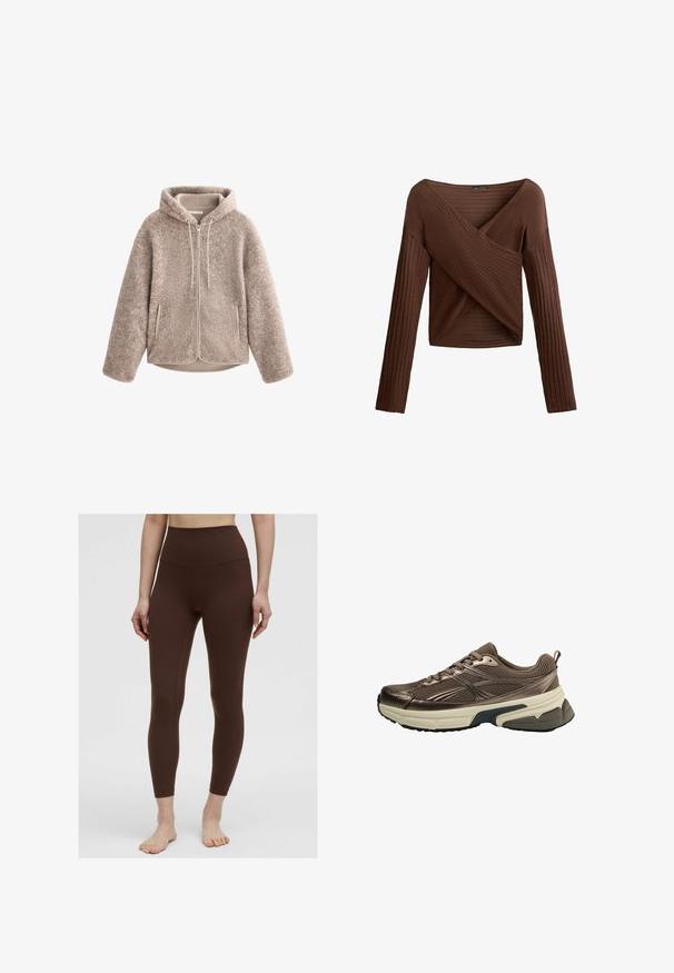 Beżowa polarowa kurtka z kapturem, z zamkiem błyskawicznym z przodu, teksturowana tkanina i dwie boczne kieszenie. Miękki, ciepły materiał i luźny krój.; Brązowa bluzka z długim rękawem, z ribbowym wzorem i dekoltem w literę V, wykonana z teksturowanej tkaniny oraz dopasowanego kroju. Posiada długie rękawy i skróconą długość.; Brązowe legginsy z wysokim stanem, o gładkiej fakturze, dopasowanym kroju i bez widocznych wzorów. Szwy biegnące wzdłuż boków.; Brąski but sportowy z siateczkową górą, metalicznymi akcentami, grubą białą podeszwą środkową i teksturowaną czarną podeszwą. Posiada sznurówki i uchwyt.