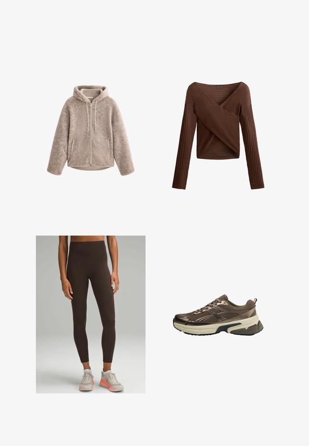 Giacca in pile beige con cappuccio, dotata di zip frontale, tessuto strutturato e due tasche laterali. Materiale morbido e caldo, con una vestibilità rilassata.; Top lungo marrone a coste con design incrociato a V, tessuto testurizzato e silhouette aderente. Presenta maniche lunghe e lunghezza cropped.; lululemon WUNDER TRAIN HIGH-RISE 64CM - Leggings - espresso; Scarpa sportiva marrone con parte superiore in rete, accenti metallici, spessa suola intermedia bianca e suola nera testurizzata. Presenta lacci e una linguetta.
