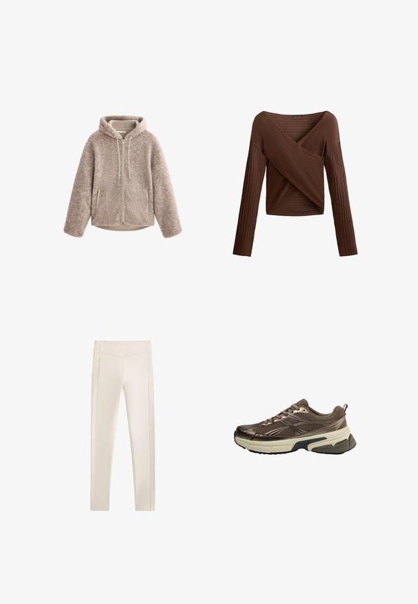 Béžová fleecová bunda s kapucí, která má zipový přední díl, texturovanou tkaninu a dvě boční kapsy. Měkký, teplý materiál a volný střih.; Hnědý žebrovaný top s dlouhým rukávem a překříženým designem ve tvaru V, texturovaná látka a přiléhavý střih. Má dlouhé rukávy a zkrácenou délku.; Béžové elastické kalhoty s úzkým střihem, se bočními zipovými kapsami a prošívanými liniemi podél švů pro dodatečný detail.; Hnědá sportovní obuv s horní částí z prodyšné síťoviny, kovovými akcenty, silnou bílou mezipodešví a texturovanou černou podrážkou. Obsahuje tkaničky a poutko.
