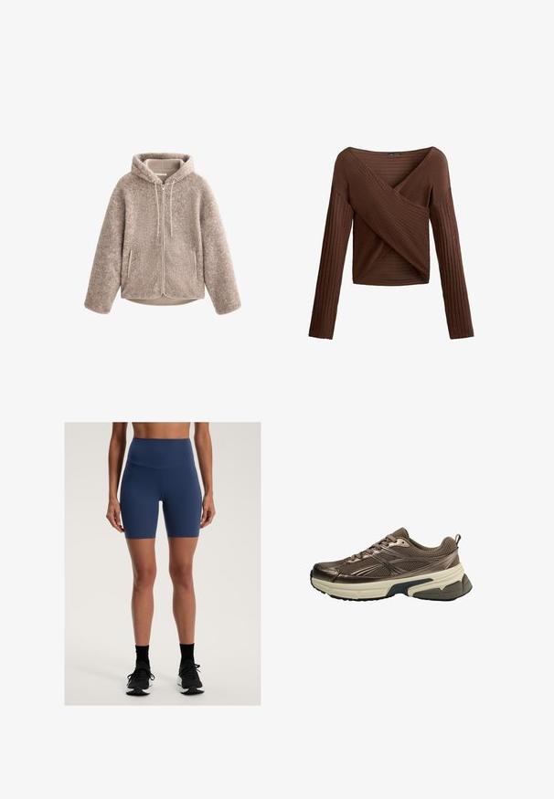 Bež flis jakna s kapuljačom, koja ima zatvarač sprijeda, teksturirani materijal i dva bočna džepa. Mekan, topao materijal i opušteni kroj.; Smeđi rebrasti top dugih rukava s preklopljenim V-izrezom, teksturiranom tkaninom i prilagođenom siluetom. Ima duge rukave i kraći kroj.; Šorts visoke struka u mornarskoj boji, izrađeni od rastezljivog materijala s glatkom teksturom, sa uskim krojem koji doseže sredinu butina.; Smeđi atletski tenisice s mrežastim gornjim dijelom, metalnim akcentima, debelim bijelim međupotplatkom i strukturiranim crnim potplatom. Ima vezice i kvačicu.