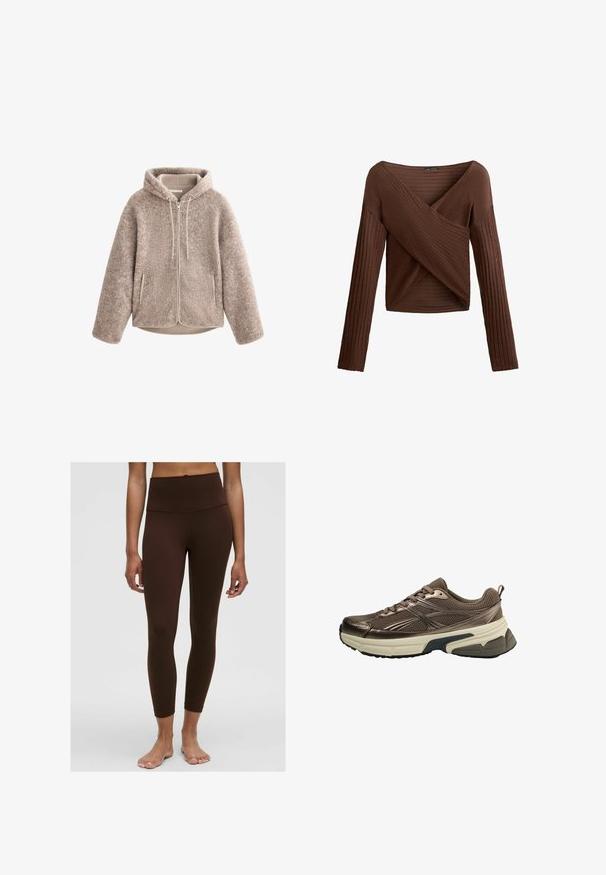 Beige Fleece-Jacke mit Kapuze, ausgestattet mit einem Reißverschluss und strukturiertem Stoff sowie zwei Seitentaschen. Weiches, warmes Material und lockere Passform.; Braunes, geripptes Langarmoberteil mit einem überkreuzten V-Ausschnitt, strukturiertem Stoff und figurnaher Silhouette. Verfügt über lange Ärmel und eine verkürzte Länge.; Braune hochtaillierte Leggings mit glatter Textur, figurbetontem Design und knöchellangem Saum. Keine sichtbaren Muster oder Hardwaredetails.; Brauner Sportschuh mit Mesh-Obermaterial, metallischen Akzenten, dicker weißer Zwischensohle und strukturiertem schwarzen Sohle. Verfügt über Schnürsenkel und eine Zuglasche.