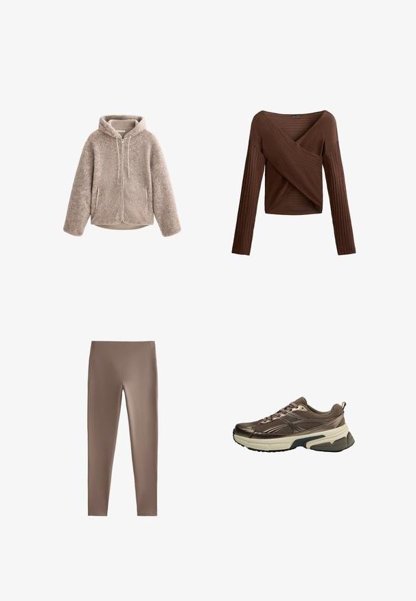 Beige fleece jacket with a hood, featuring a zippered front, textured fabric, and two side pockets. Soft, warm material and relaxed fit.; Brown ribbed long-sleeve top with a crossover V-neck design, textured fabric, and fitted silhouette. Features long sleeves and a cropped length.; Brown leggings made of stretch fabric; fitted design with a smooth texture, mid-high waistband, and no visible pockets or embellishments.; Brown athletic shoe with mesh upper, metallic accents, thick white midsole, and textured black sole. Features laces and a pull tab.