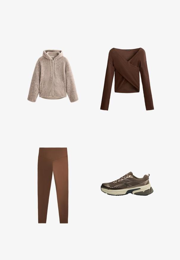 Giacca in pile beige con cappuccio, dotata di zip frontale, tessuto strutturato e due tasche laterali. Materiale morbido e caldo, con una vestibilità rilassata.; Top lungo marrone a coste con design incrociato a V, tessuto testurizzato e silhouette aderente. Presenta maniche lunghe e lunghezza cropped.; Leggings marroni con una superficie liscia, vita alta e gambe affusolate, realizzati in materiale elastico. Senza motivi né elementi hardware visibili.; Scarpa sportiva marrone con parte superiore in rete, accenti metallici, spessa suola intermedia bianca e suola nera testurizzata. Presenta lacci e una linguetta.