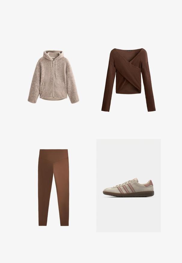 Beige fleece jack met een capuchon, met een ritssluiting aan de voorkant, gestructureerde stof en twee zijzakken. Zacht, warm materiaal en een ontspannen pasvorm.; Bruine geribbelde top met lange mouwen, met een crossover V-hals ontwerp, textuurstof en een aansluitende pasvorm. Bevat lange mouwen en heeft een cropped lengte.; Bruine leggings met een gladde textuur, hoge tailleband en taps toelopende benen, gemaakt van rekbaar materiaal. Geen patronen of zichtbare hardware.; Beige suède sneaker met roze accenten, voorzien van drie overlappende strepen, een getextureerde neuskap en een rubberen buitenzool met groeven.