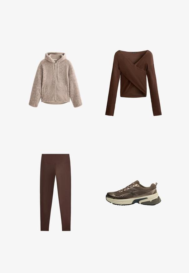 Beige fleece jacket with a hood, featuring a zippered front, textured fabric, and two side pockets. Soft, warm material and relaxed fit.; Brown ribbed long-sleeve top with a crossover V-neck design, textured fabric, and fitted silhouette. Features long sleeves and a cropped length.; Brown leggings made from a smooth, stretchy material, featuring a high waistband and a fitted silhouette, with no visible patterns or accents.; Brown athletic shoe with mesh upper, metallic accents, thick white midsole, and textured black sole. Features laces and a pull tab.