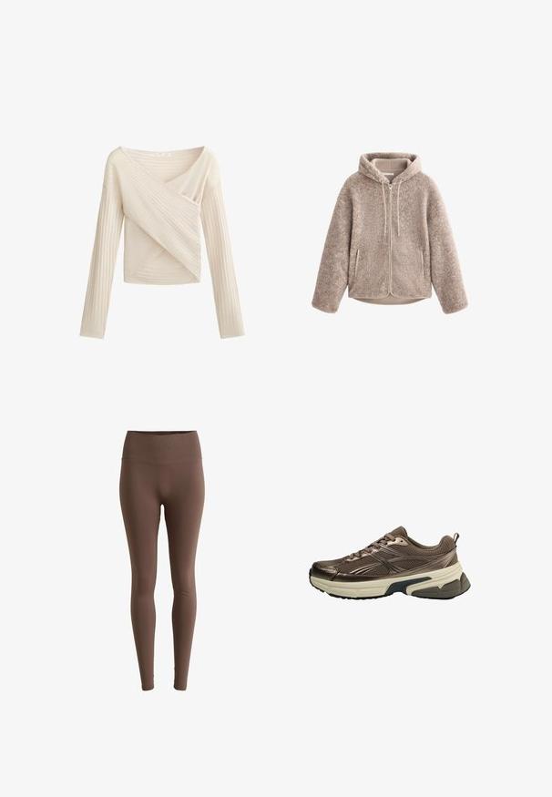 Jachetă din fleece bej cu glugă, având fermoar frontal, material texturat și două buzunare laterale. Material moale, cald și croială relaxată.; Top lung cu maneci lungi, de culoare bej deschis, cu un design în formă de V suprapus, având un finisaj texturat și o siluetă ajustată.; Leggings maroniu dintr-un material neted și elastic, cu un talie înaltă, cu nervuri și un design ajustat pe toată lungimea picioarelor.; Pantofii sport maro au o parte superioară din plasă, accente metalice, o talpă intermediară groasă albă și o talpă texturată neagră. Dispun de șireturi și o bandă de prindere.