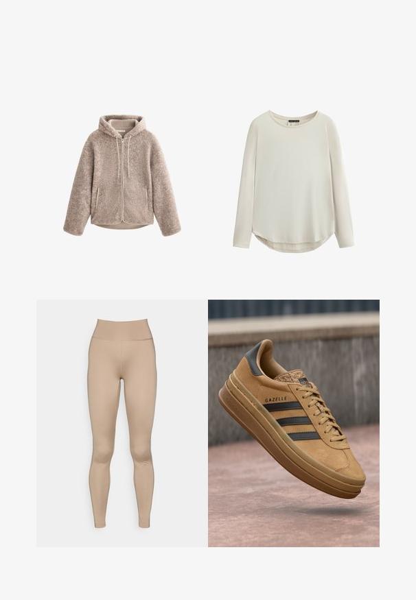 Giacca in pile beige con cappuccio, dotata di zip frontale, tessuto strutturato e due tasche laterali. Materiale morbido e caldo, con una vestibilità rilassata.; Maglia a maniche lunghe in beige chiaro, con scollo rotondo, texture liscia e orlo curvo con spacchi laterali per facilitare il movimento.; Leggings beige chiaro con vita alta, realizzati in un materiale liscio e elasticizzato, privi di cuciture o motivi visibili.; Sneakers in camoscio beige con texture liscia, caratterizzati da tre strisce scure, punta arrotondata e suola più spessa con un bordo decorato.