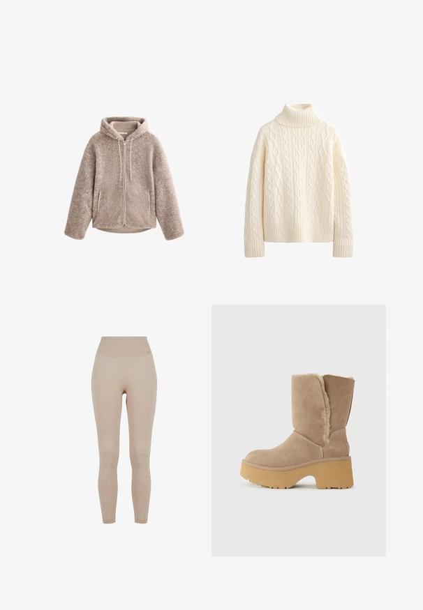 Bež flašasta jakna s kapuco, ki ima zadrgo na sprednji strani, teksturirano tkanino in dva stranska žepa. Mehka, topla tkanina in sproščen kroj.; Kremni pulover z visokim ovratnikom, ki vsebuje pletene vzorce, rebraste manšete in širok rob. Izdelan iz mehkega, teksturiranega materiala.; Bež ribane leggingse z visokim pasom, izdelane iz mehke, raztegljive tkanine za udobje in svobodo gibanja.; Bež nubuk škornji do sredine teleta z debelim rumenim podplatom, ki imajo mehko teksturirano podlogo in zaobljen oblikovan prst. Enoten zunanji površinski izgled.